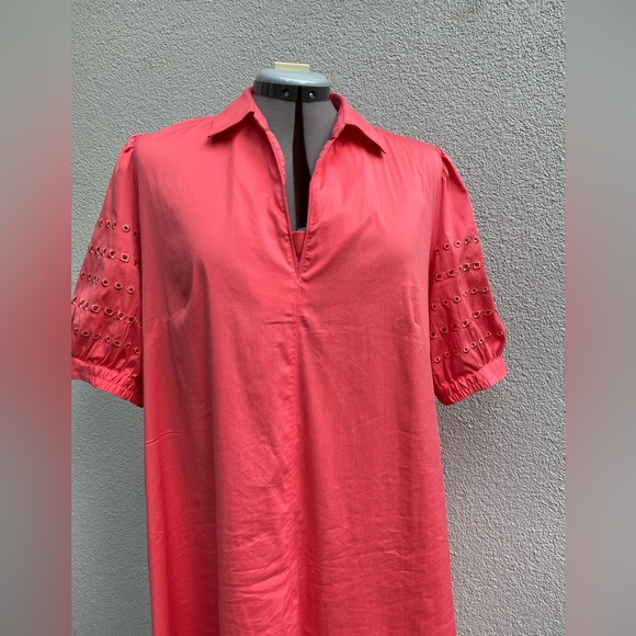 Chico’s Coral Eyelet Puff Sleeve A-line V-Neck slipover Midi Dress size XL - Picture 3 of 12